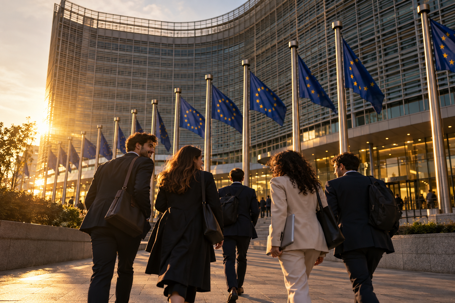 Professionals approaching the European Commission building at golden hour